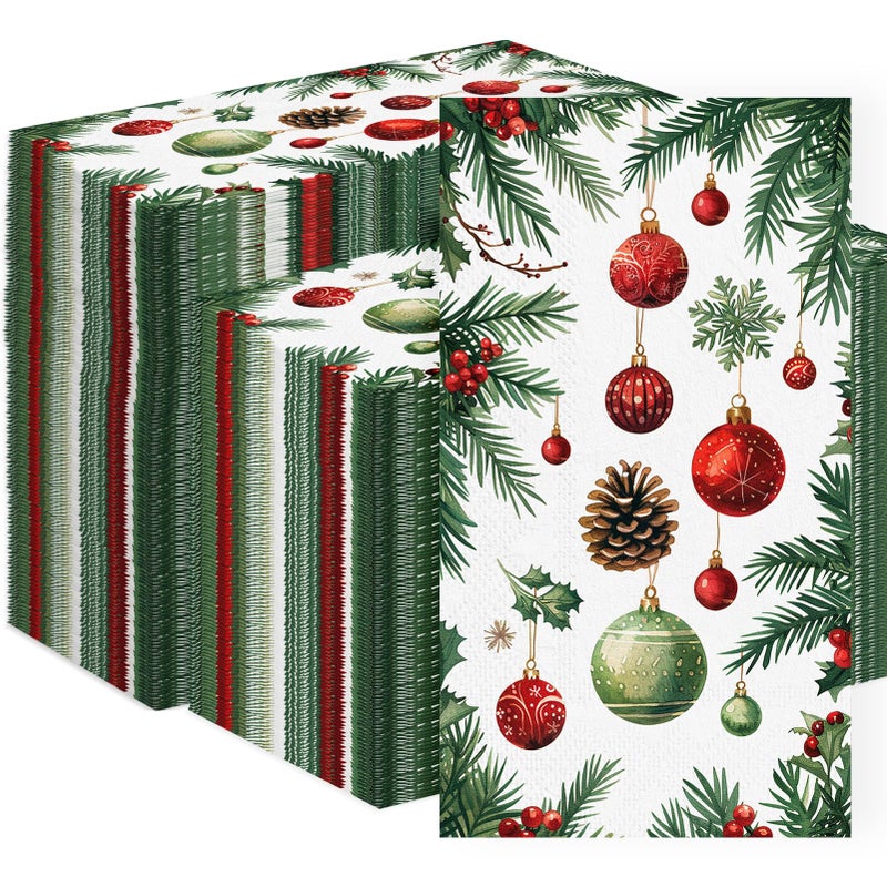 3Ply Christmas Paper Napkins Disposable Guest Dinner Hand Towels Xmas Table Decorative for Bathroom Home Kitchen Holiday Cocktail Party Decor Red White Green 43x79 Inches Count 100